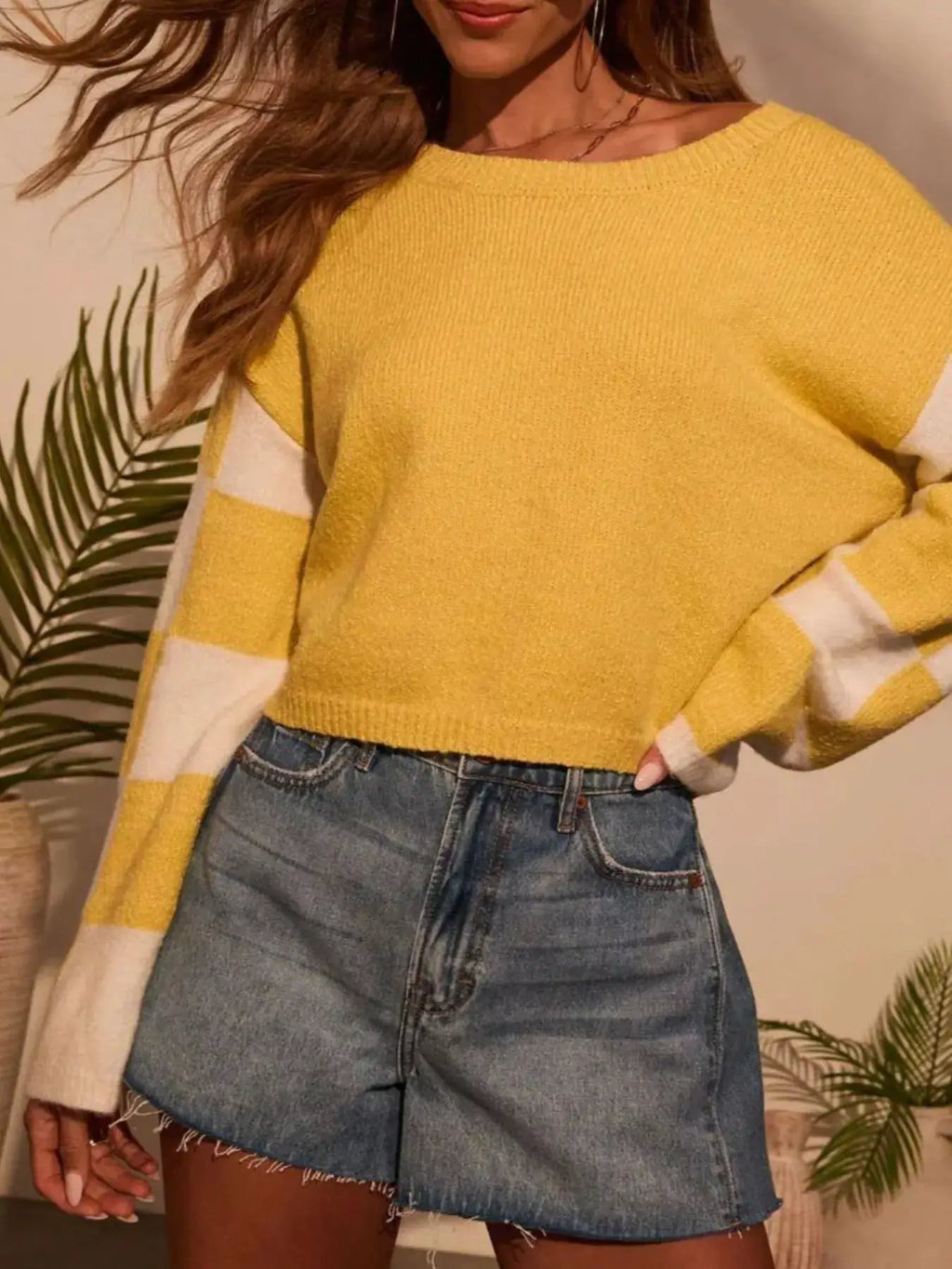 Color Block Long Sleeve Sweater, yellow knit with white striped sleeves