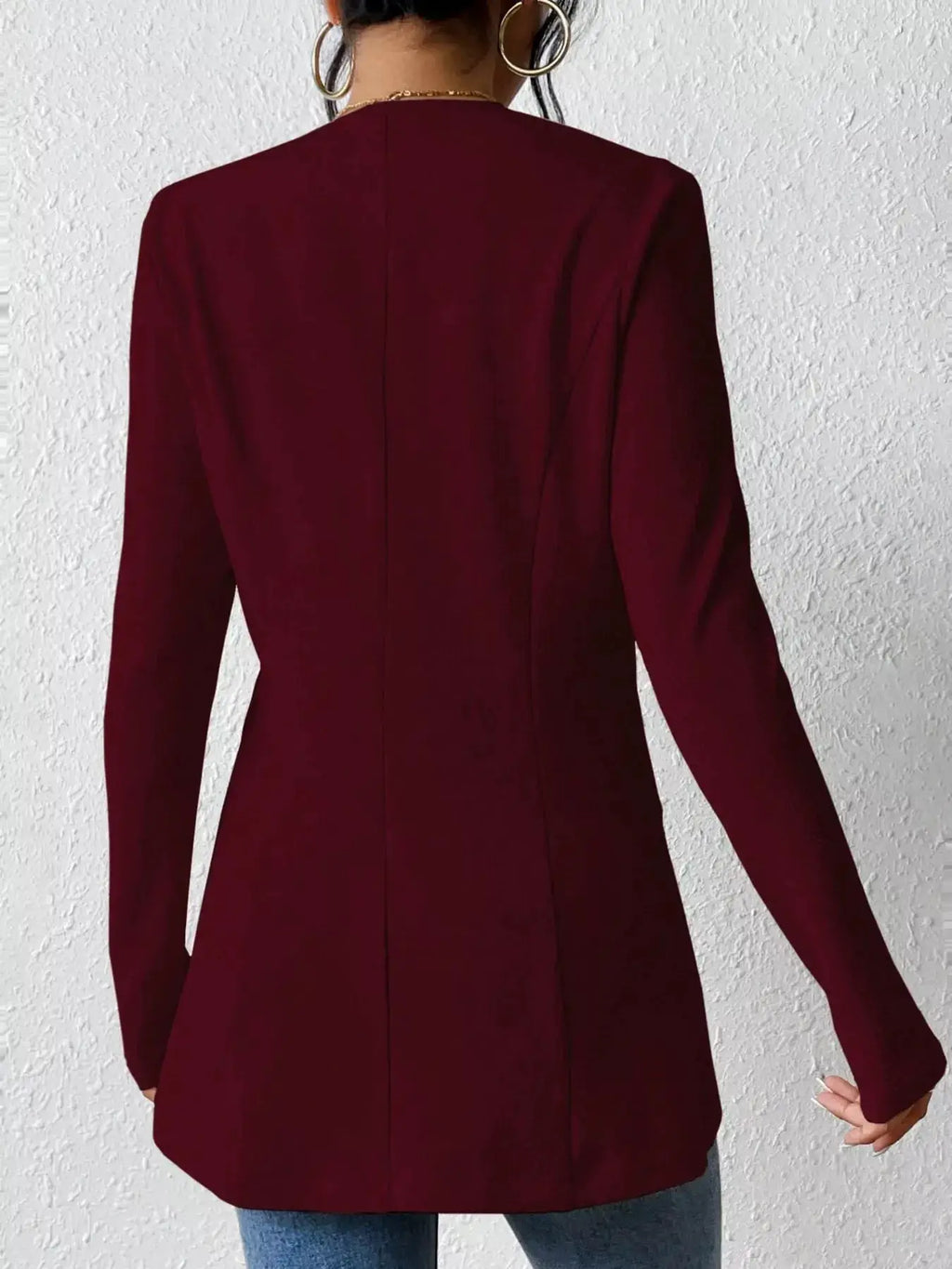 Single-Button Long Sleeve Blazer in burgundy by Belle Bijouix.