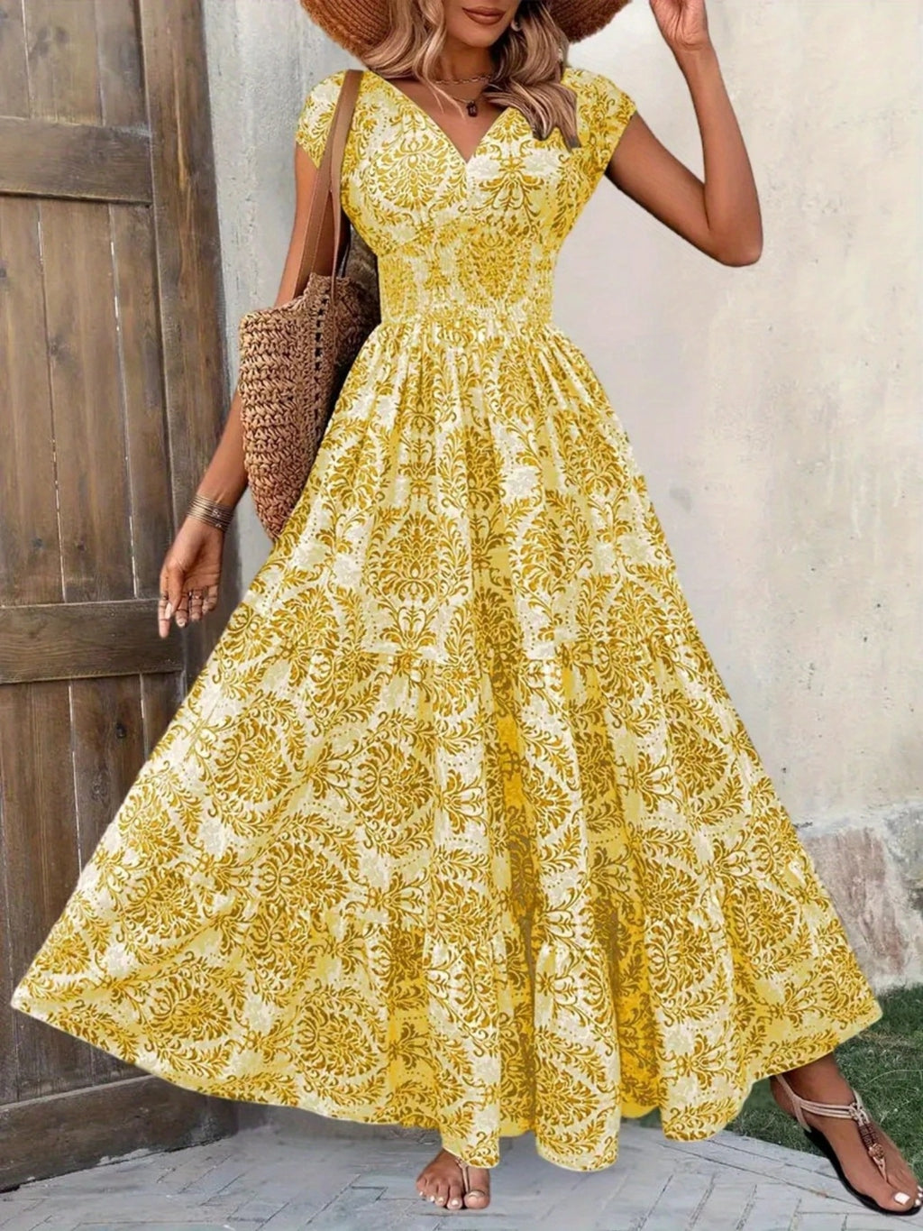 Printed Cap Sleeve Maxi Dress by Bellebijouix in yellow damask print; tiered, smocked waist