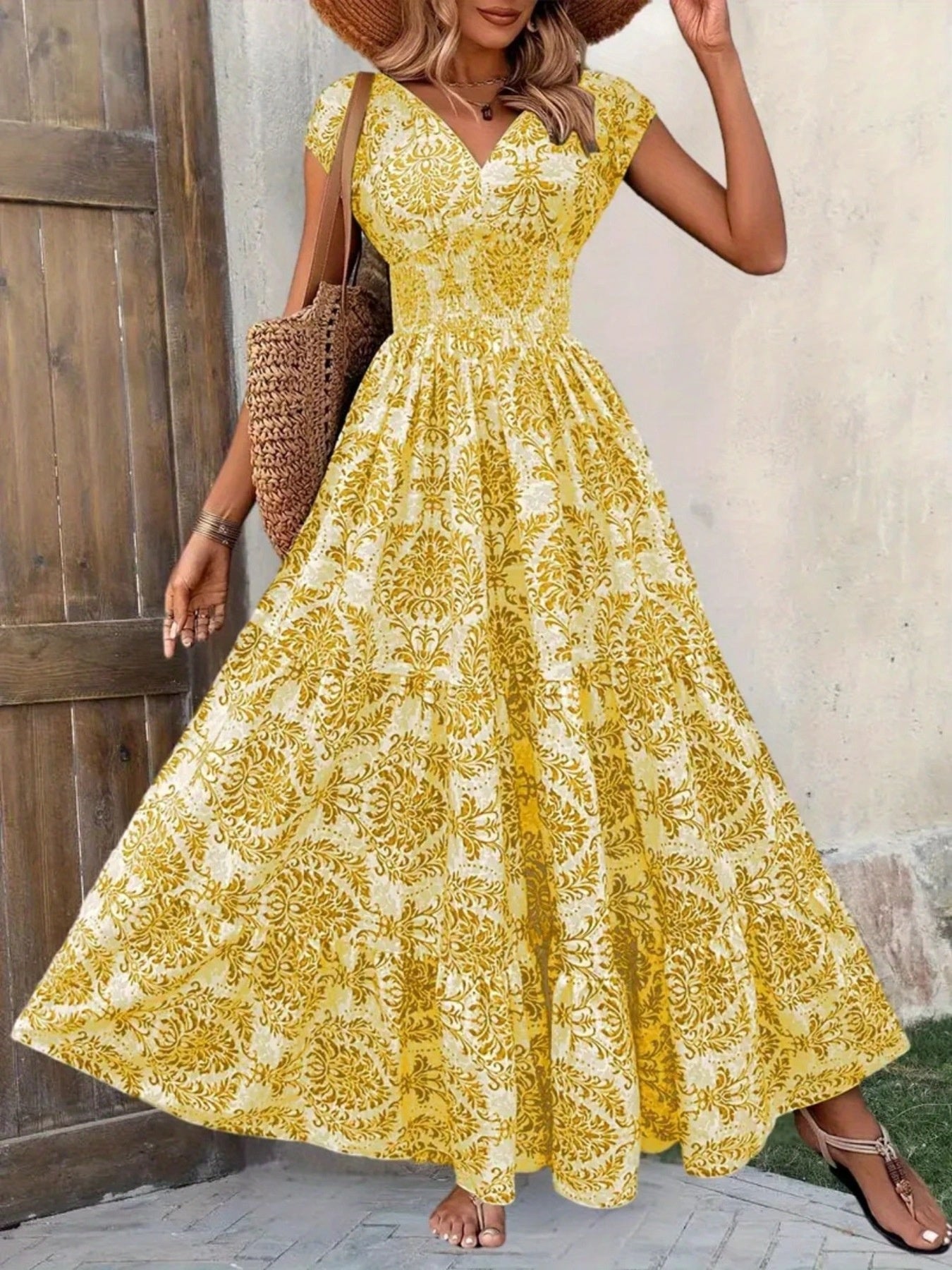Printed Cap Sleeve Maxi Dress by Bellebijouix in yellow damask print; tiered, smocked waist