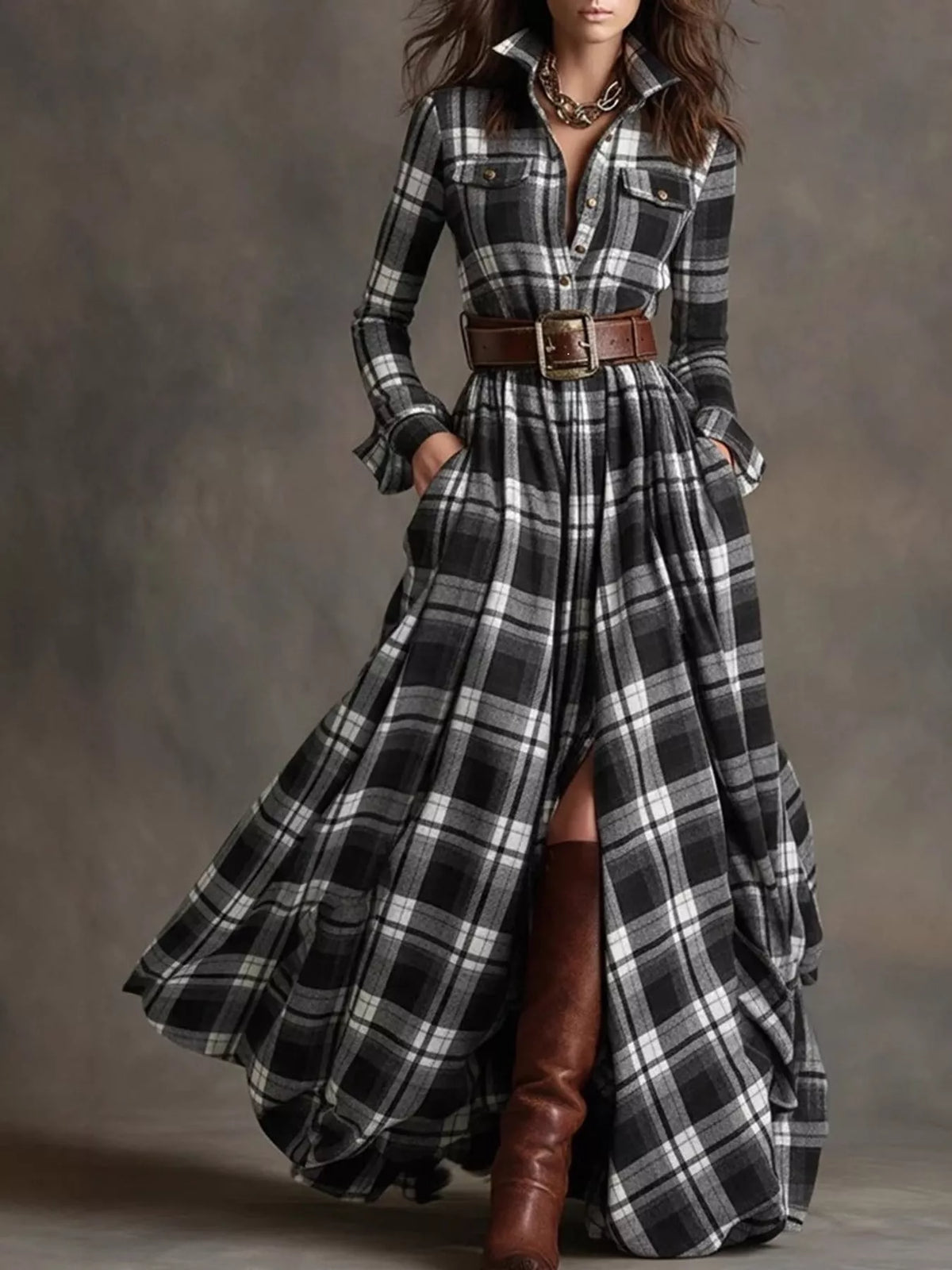 Belted Plaid Button-Down Maxi Shirt Dress in Black Plaid by Belle Bijouix – view 10 of 27