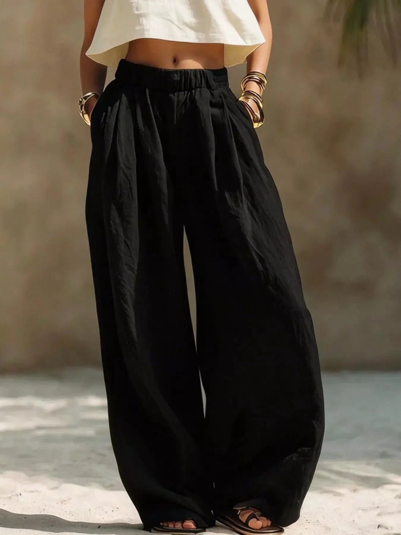 Full-Size Elastic Waistband Wide-Leg Pants by Trendsi in black, plus size