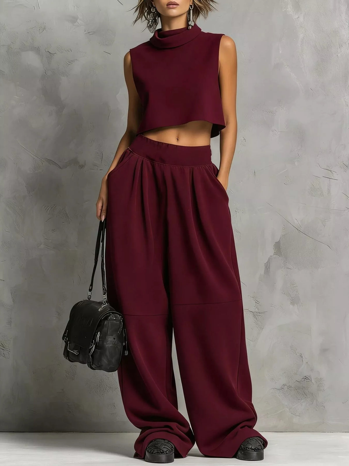 Mock Neck Crop Top & Wide-Leg Sweatpants Set