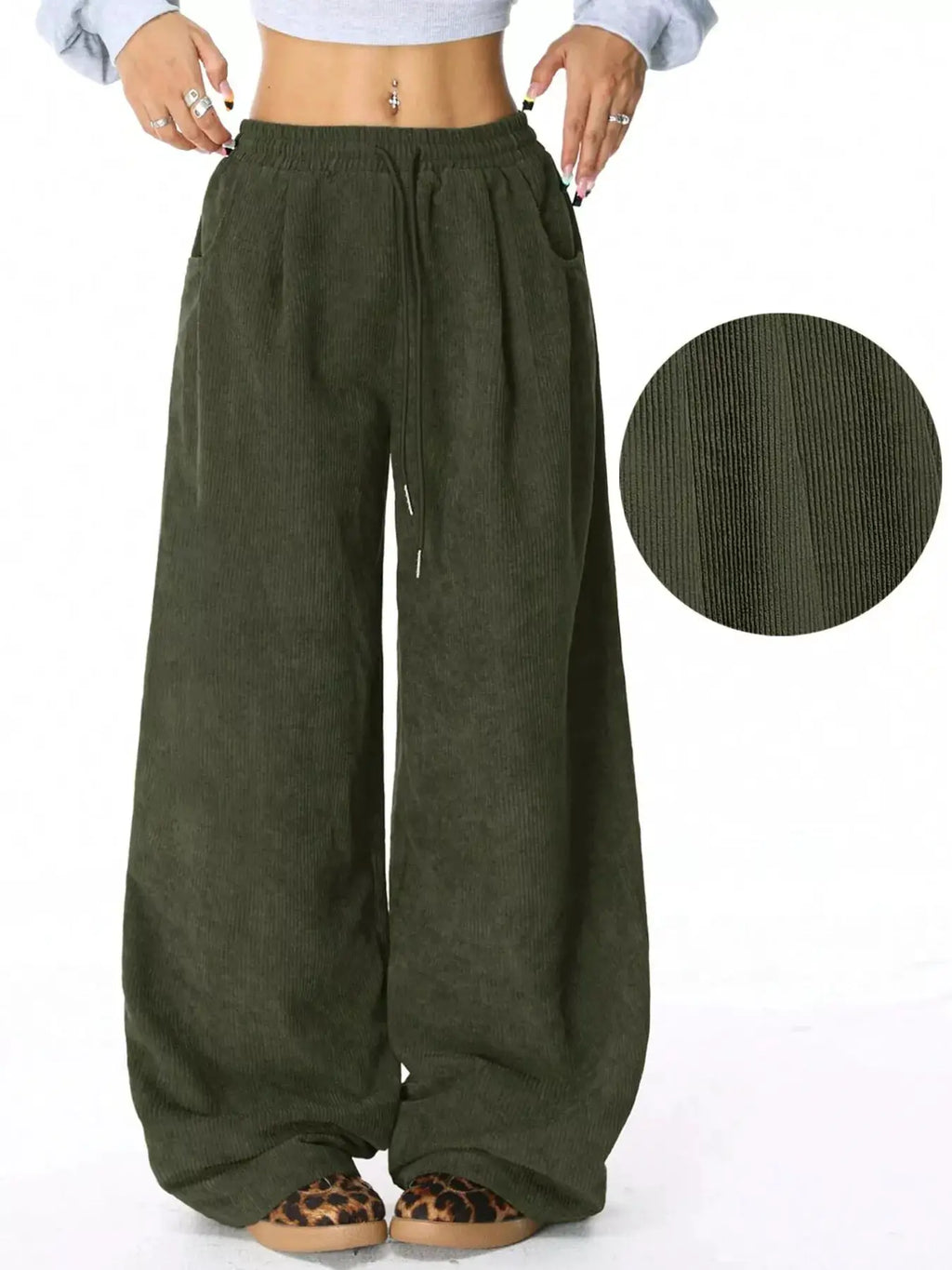 Casual corduroy wide-leg pants in olive green with drawstring waist and pockets