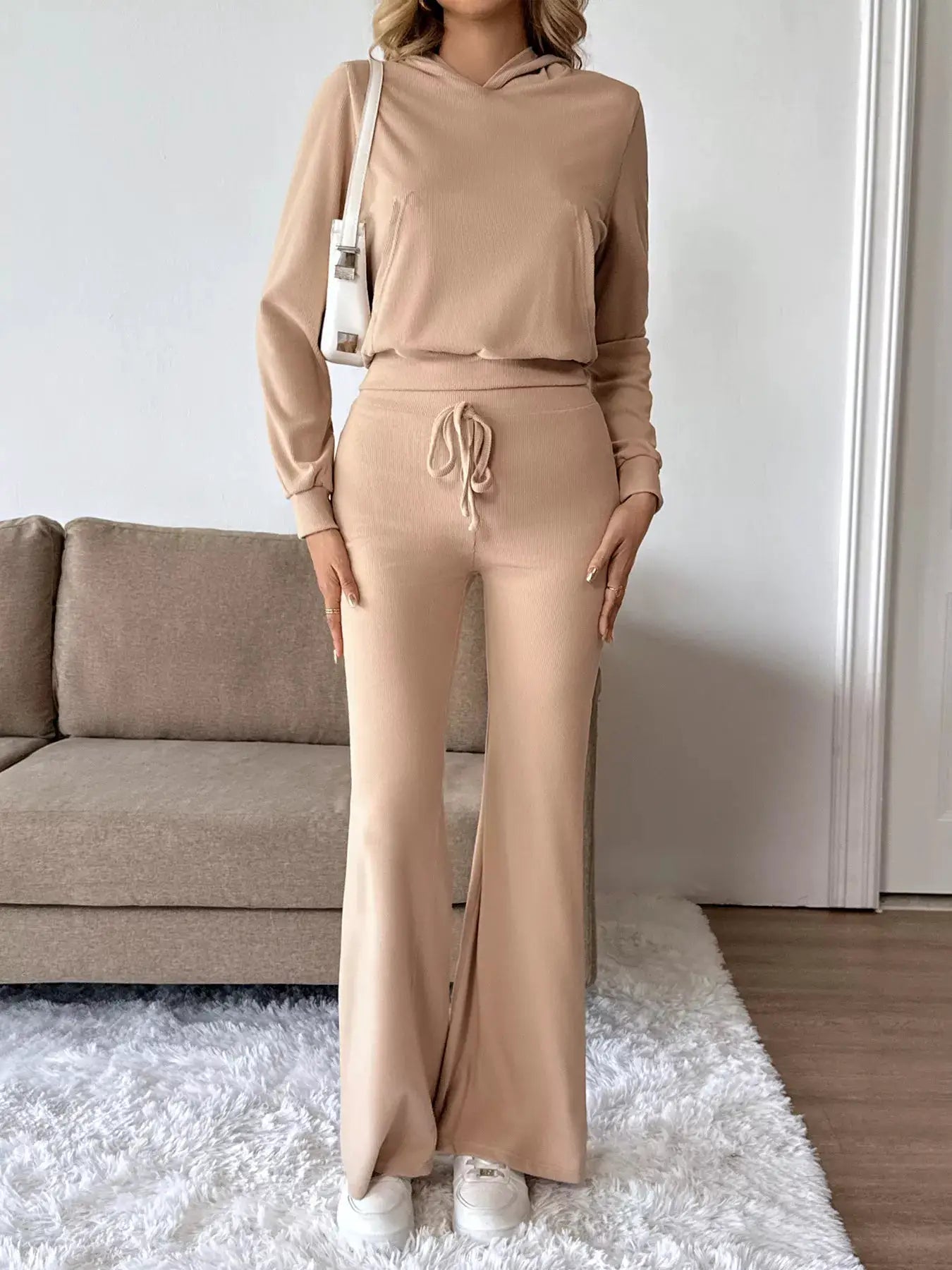 Long Sleeve Hoodie and Pants Set, beige two-piece loungewear with drawstring waist