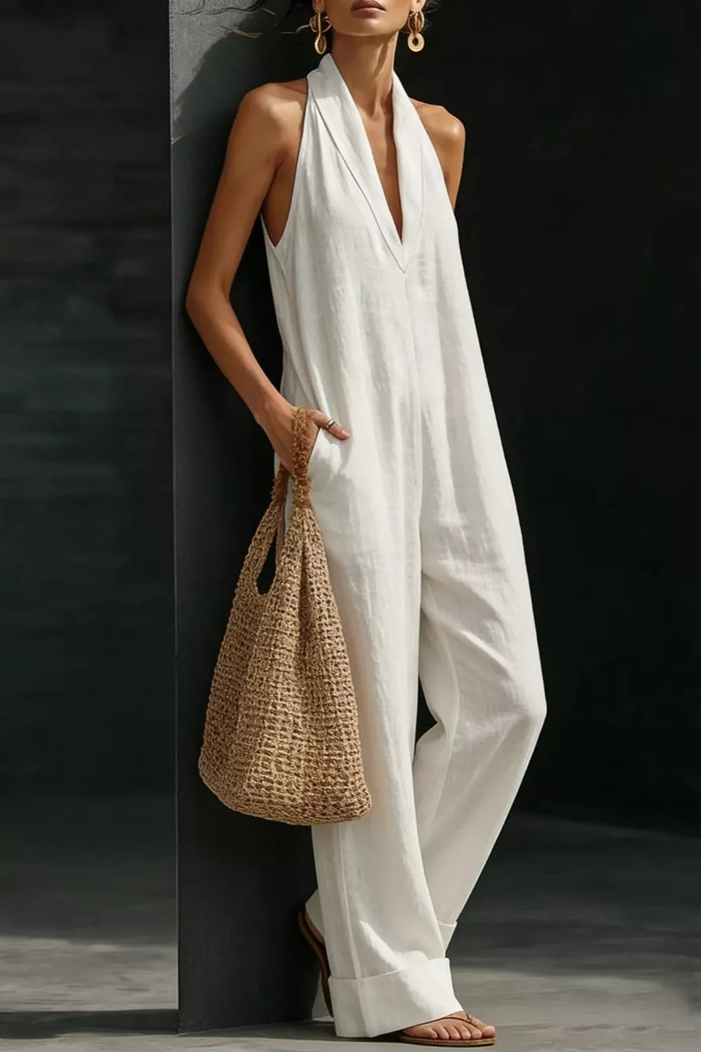 Sleeveless white wide-leg jumpsuit with halter neckline, worn by a model with a woven straw tote