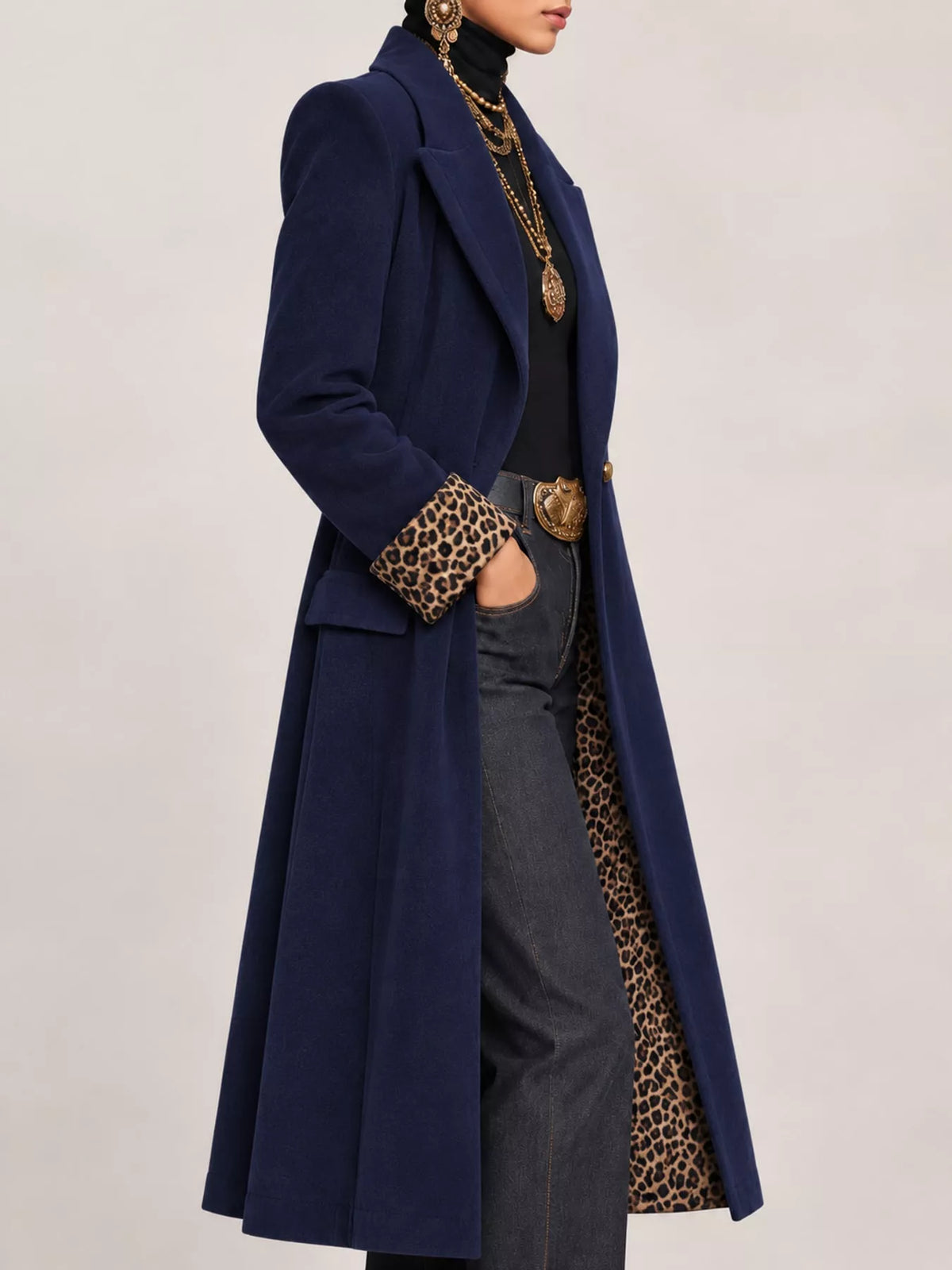 Leopard-Lined Longline Coat in Navy Blue by Belle Bijouix – view 10 of 13