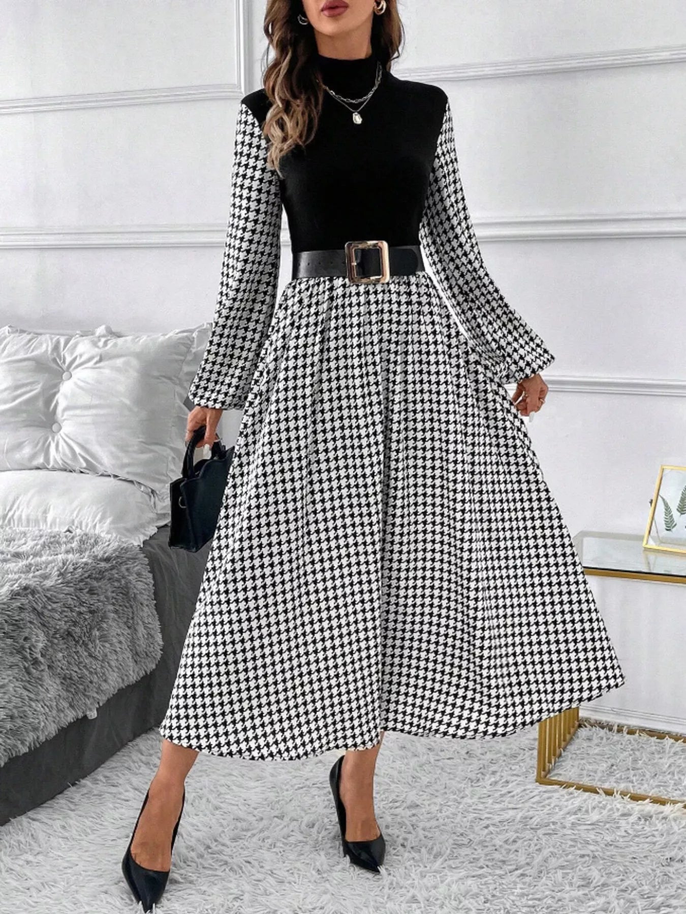 Houndstooth Mock Neck A-Line Dress by Belle Bijouix, black bodice with long sleeves and belted waist
