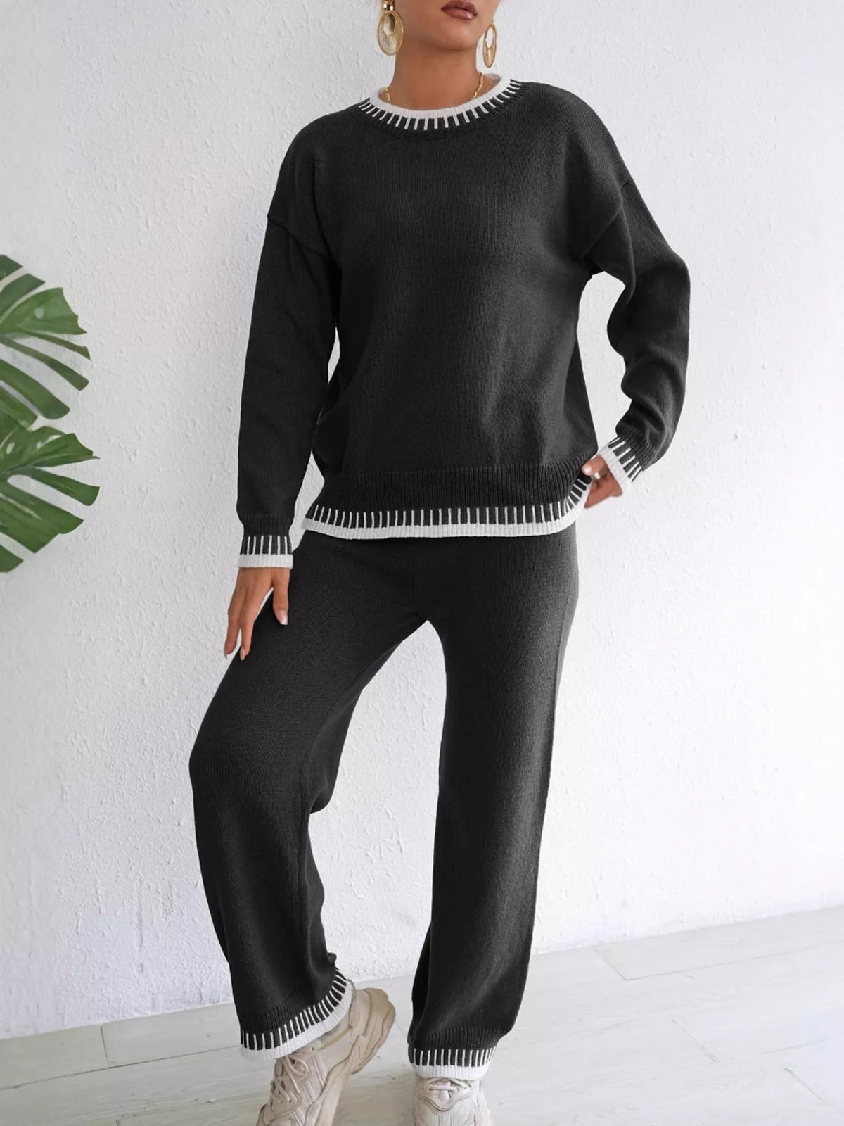 Contrast Trim Sweater & Pants Set