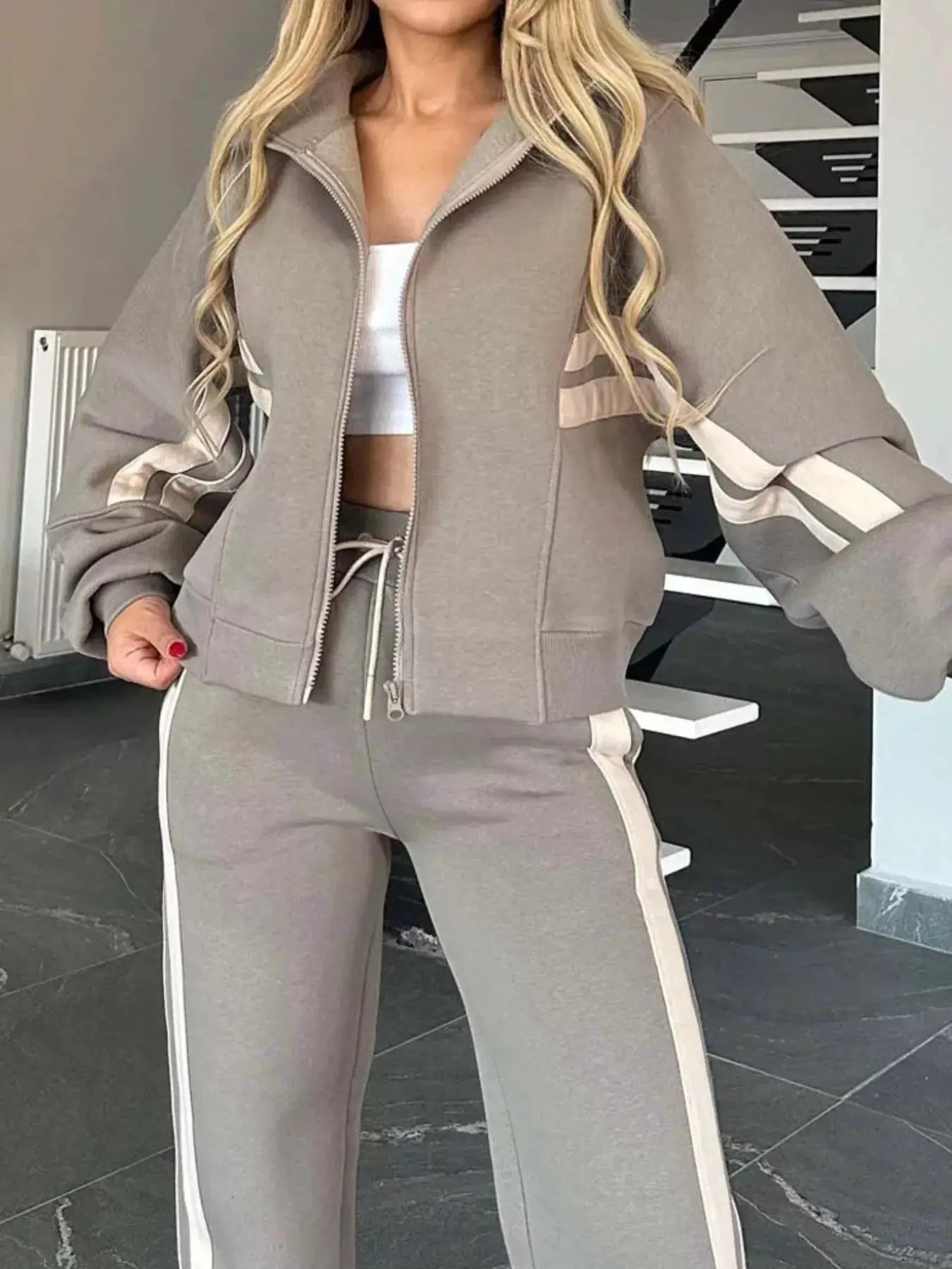 Belle Bijouix plus-size striped zip-up tracksuit jacket and pants in taupe with cream stripes