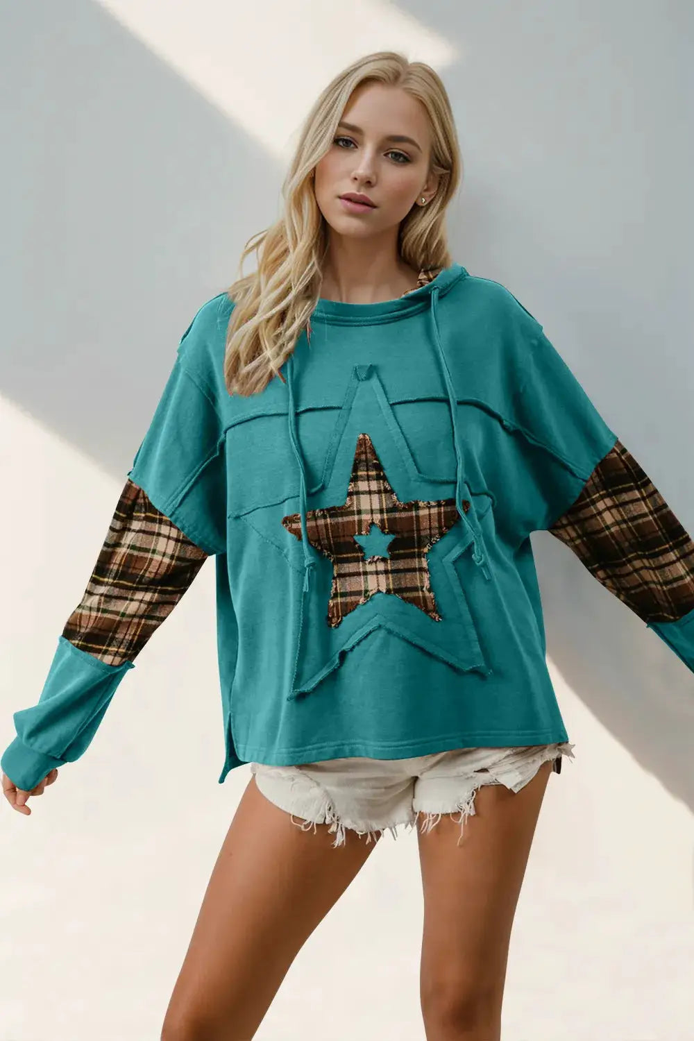 Double Take Drawstring Plaid Star Patch Long Sleeve Hoodie, teal oversized top with plaid star patch and plaid sleeves