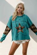 Double Take Drawstring Plaid Star Patch Long Sleeve Hoodie, teal oversized top with plaid star patch and plaid sleeves