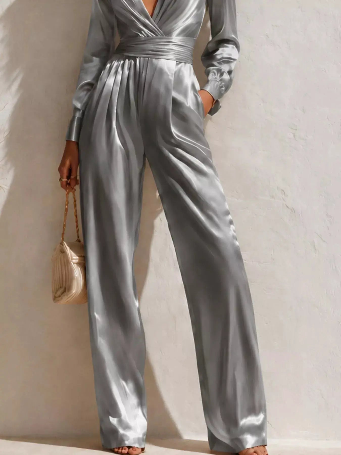 Satin long-sleeve wide-leg jumpsuit in silver by Trendsi.