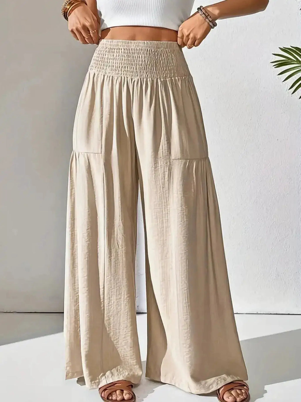Smocked Waist Wide-Leg Pants in beige with pockets