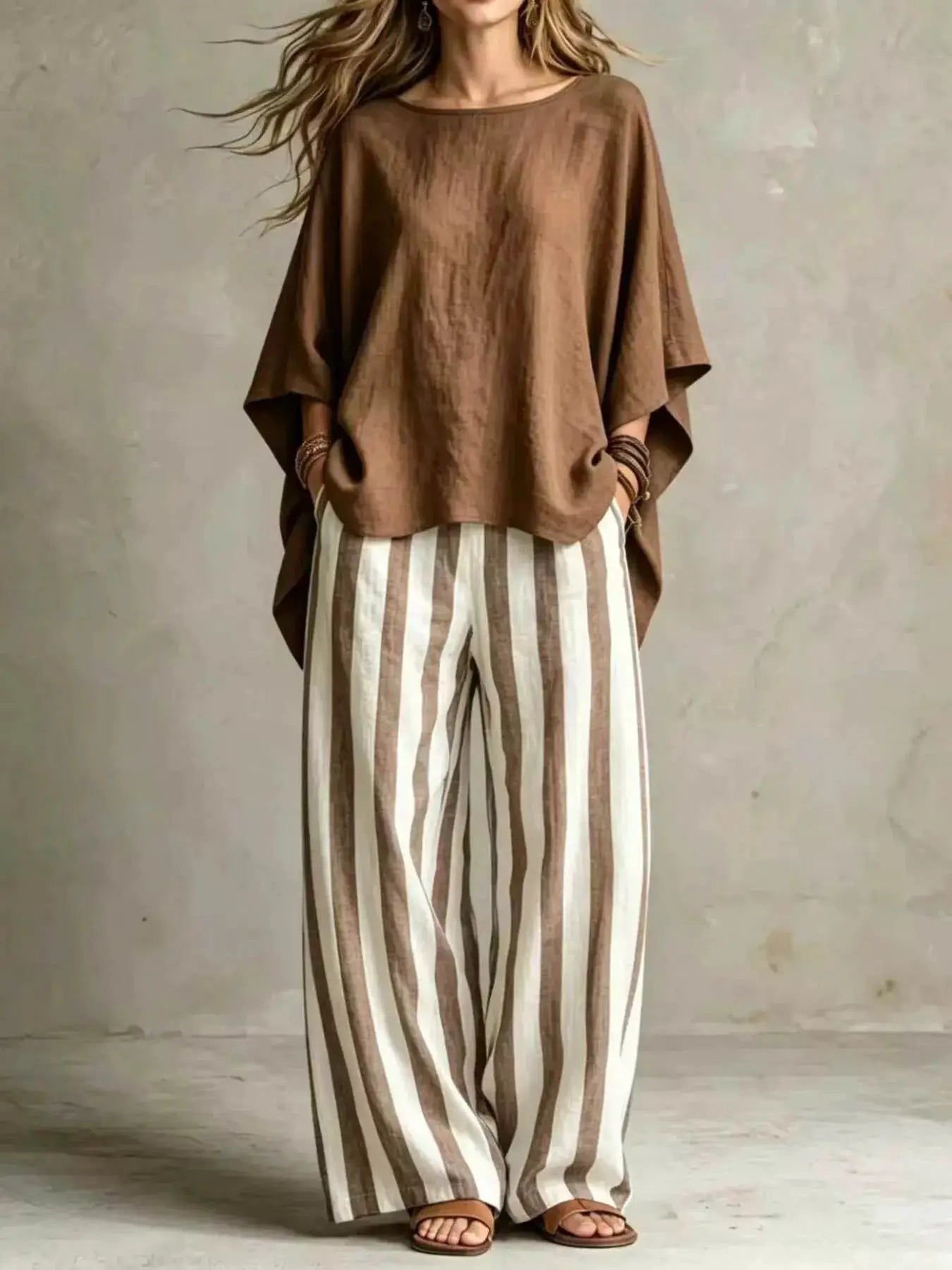 2-piece plus-size Belle Bijouix solid brown loose-fit top with beige striped wide-leg pants