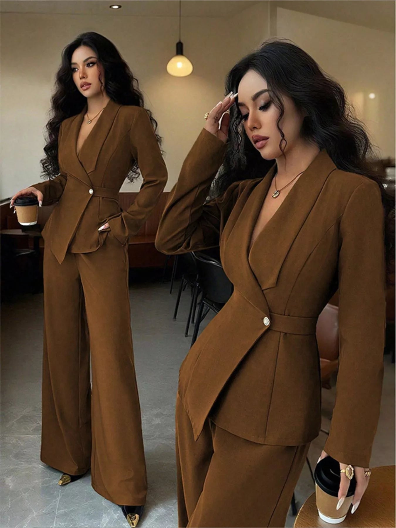 One Button Blazer and Pants Set in tan with a single-button blazer, pocketed design, and wide-leg pants