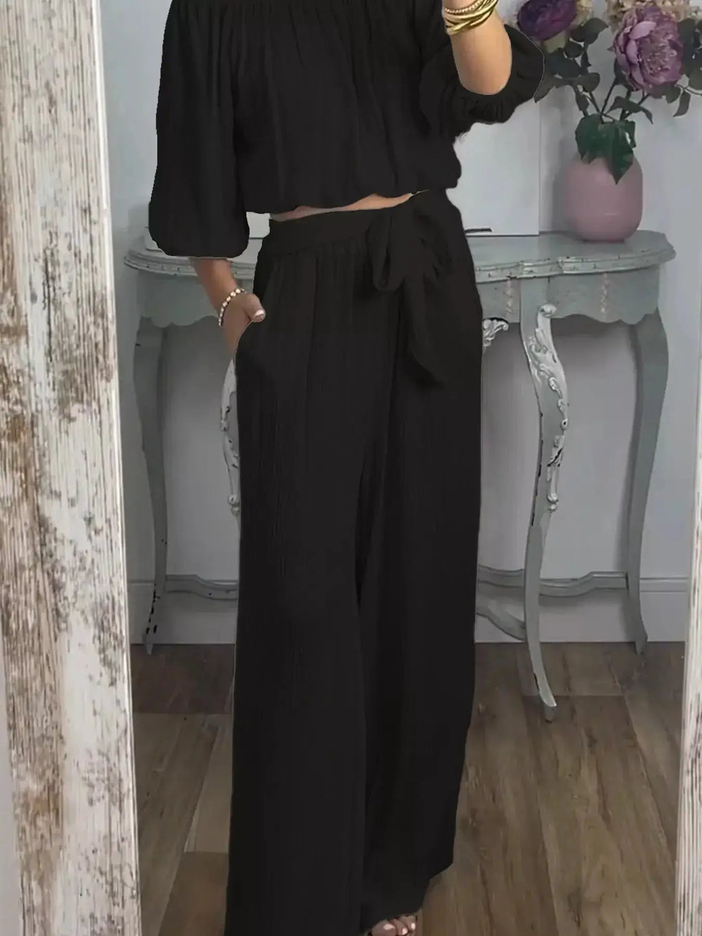 Full Size Off-Shoulder Top and Pants Set, black loungewear with cropped top and wide-leg pants with tie waist