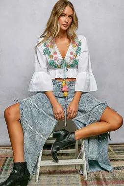POL Floral Embroidered Cropped Blouse, white with colorful floral embroidery and tassel-tie V-neck