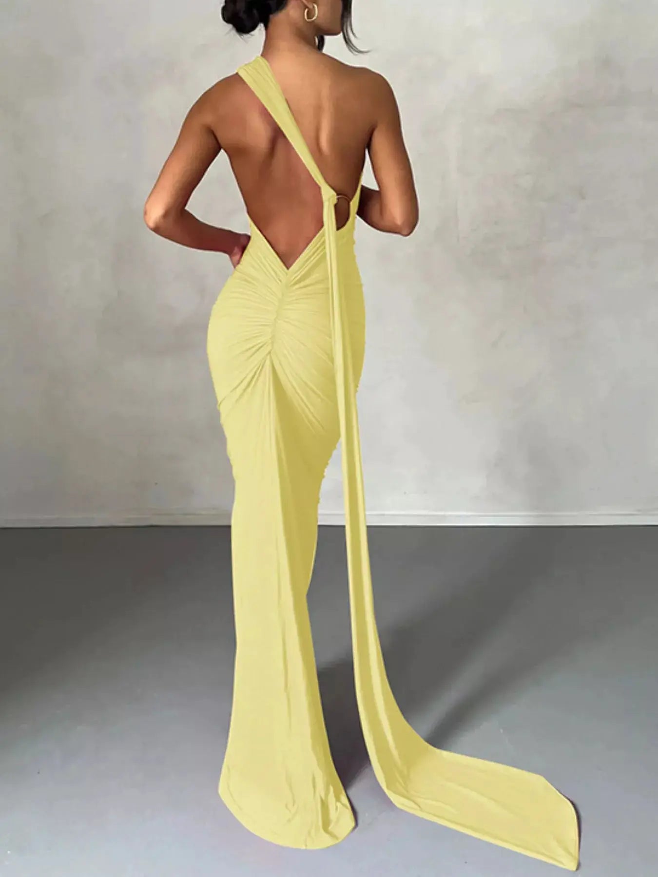 Backless One-Shoulder Ruched Bodycon Maxi Dress in yellow