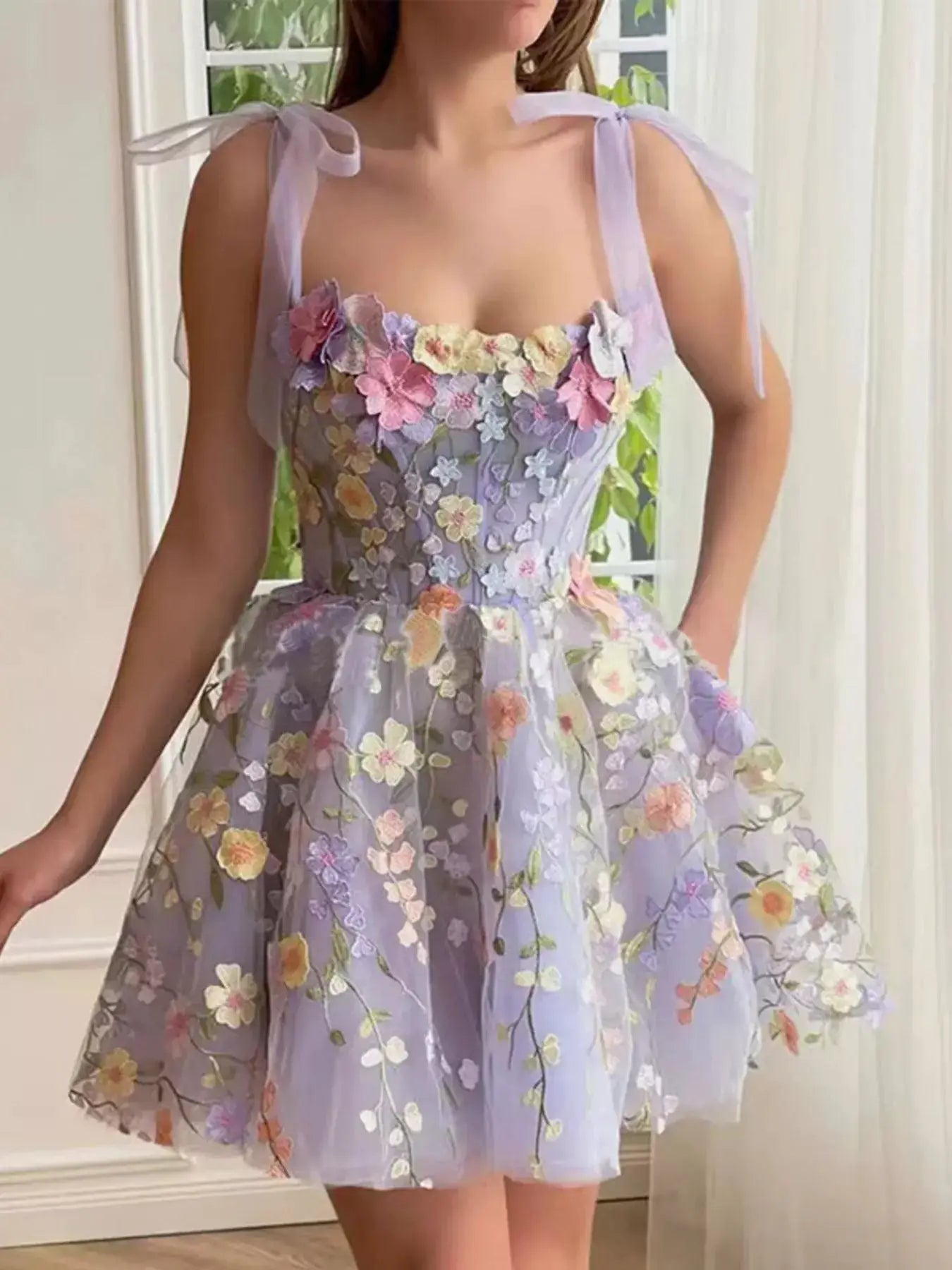 Floral Applique Tie Shoulder Mini Dress in Light Purple with sheer overlay
