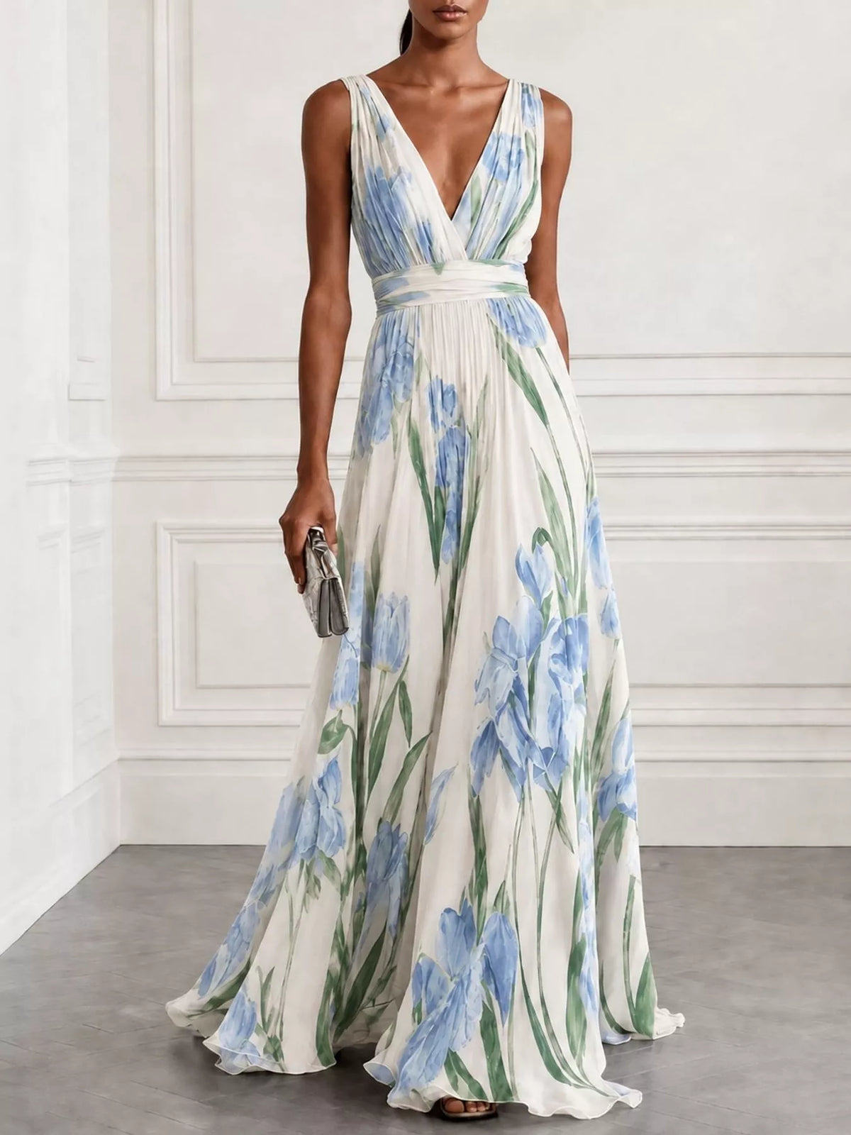 Sleeveless V-Neck Floral Maxi Dress in White by Belle Bijouix – view 32 of 37