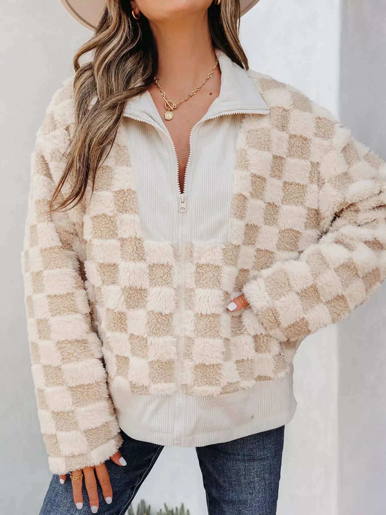 Checker Sherpa Corduroy Patchwork Zip-Up Jacket in beige and cream tones