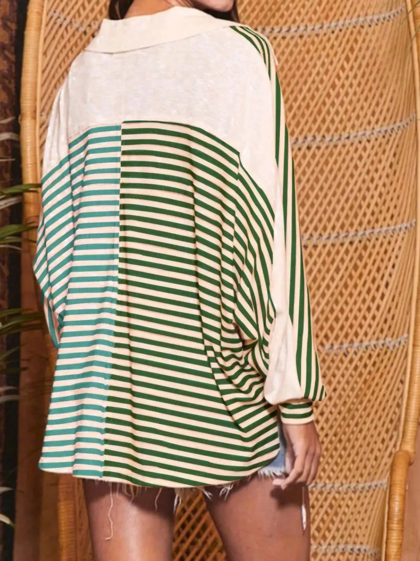 Striped oversized half-button sweatshirt, green and white stripes, back view