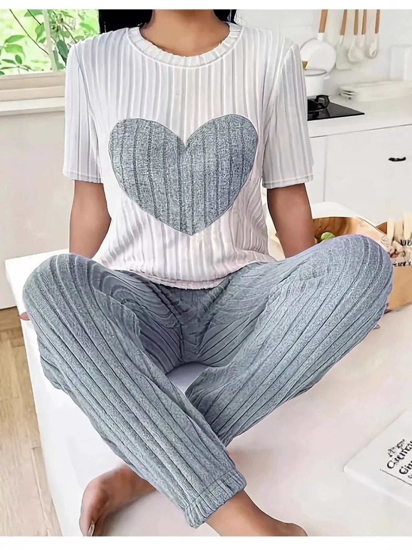 Heart ribbed knit lounge set: white top with gray heart and matching gray ribbed pants