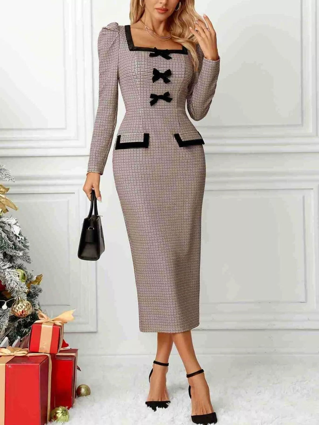 Houndstooth Bow Square-Neck Dress by Belle Bijouix; beige, pocketed, buttoned with bow accents.