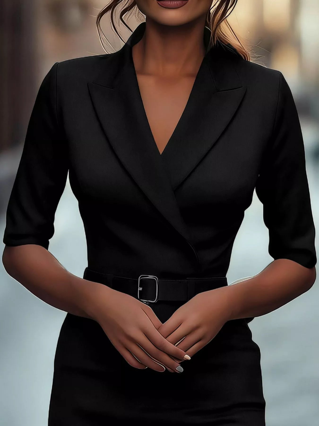 Surplice Half Sleeve Dress in black with belted waist and deep V neckline, tailored for a polished, professional look.