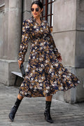 Perfee Floral Flounce Sleeve Tiered Dress in navy floral print with long sleeves