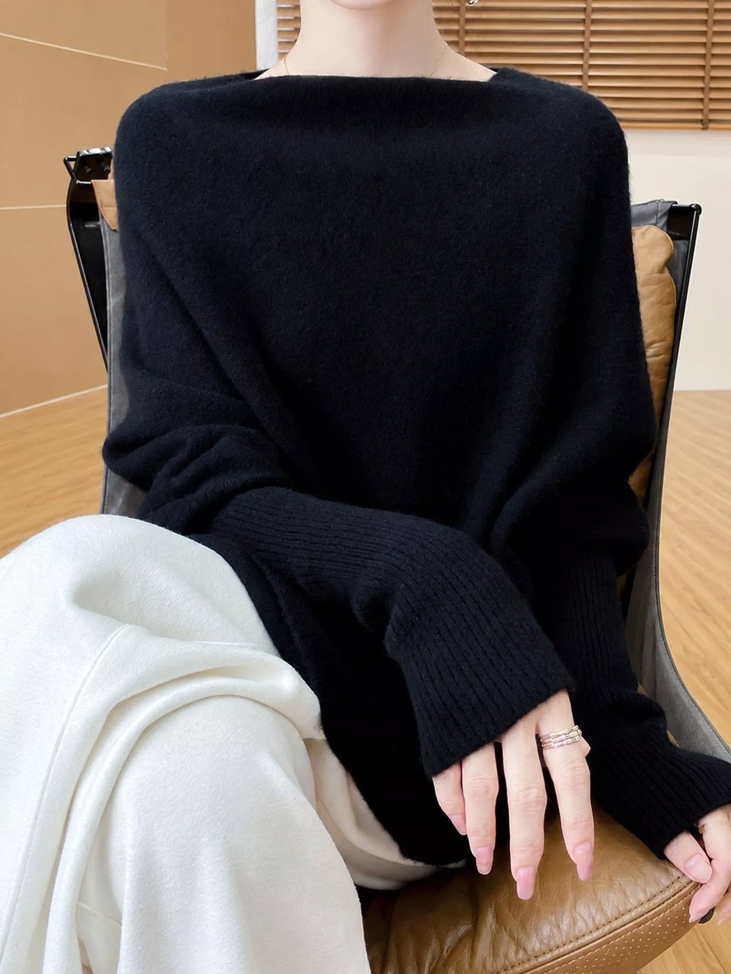 Oversized Asymmetric Wool Batwing Sweater in Black by Belle Bijouix – view 23 of 24