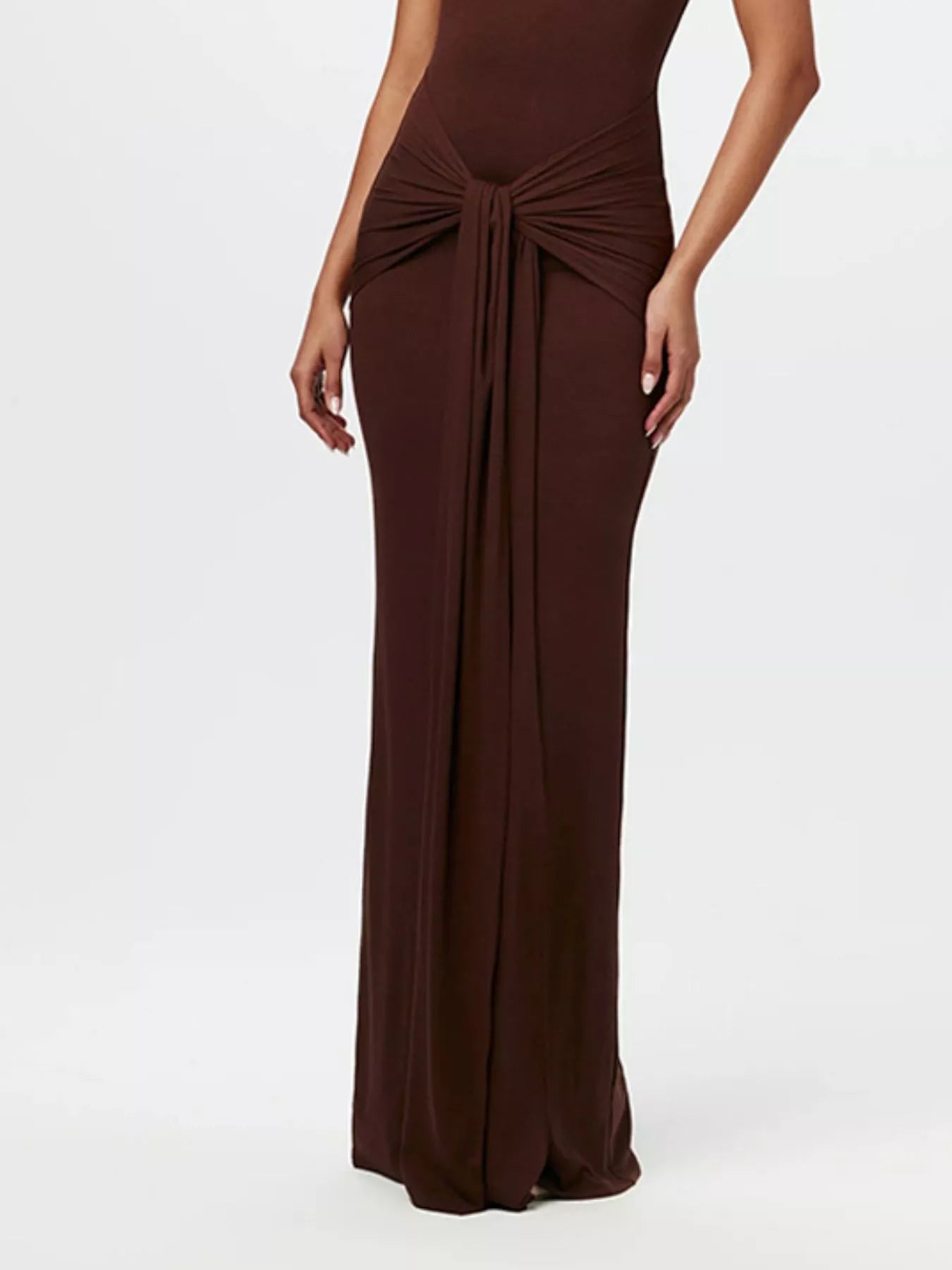 Sleeveless mock-neck knot-front maxi dress in brown by Belle Bijouix