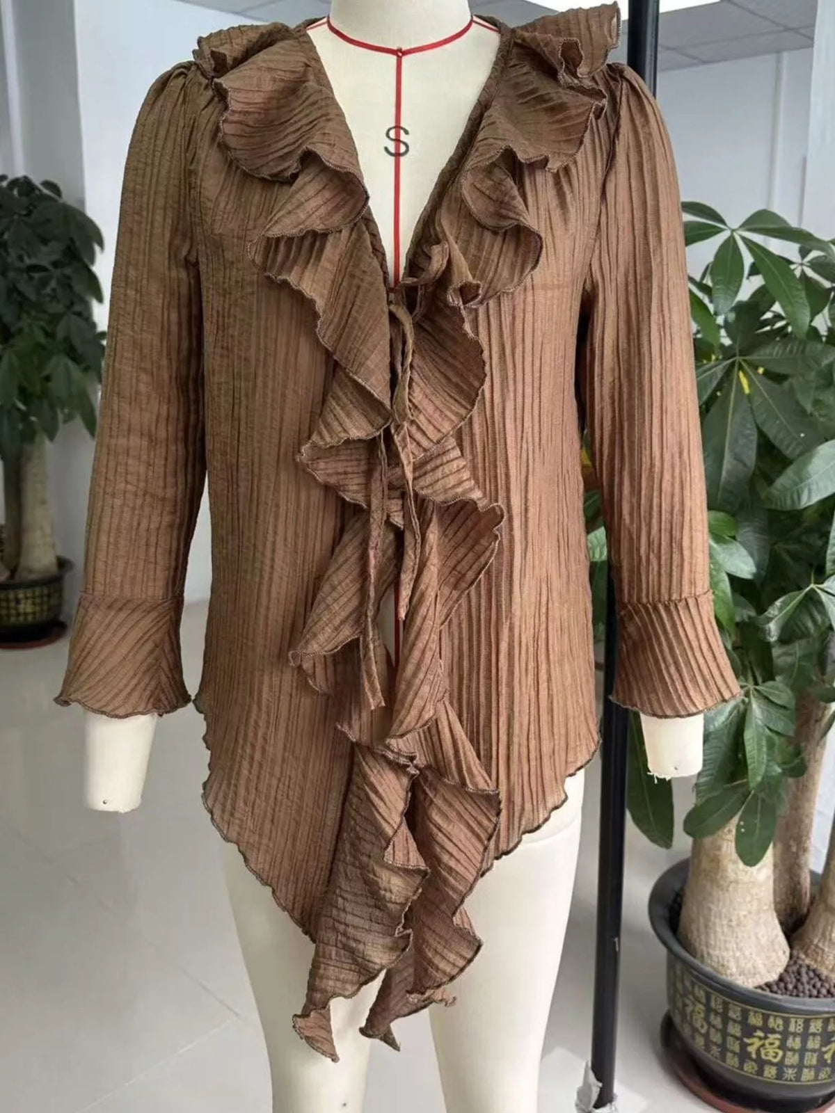 Ruffled Tie Neck Long Sleeve Blouse