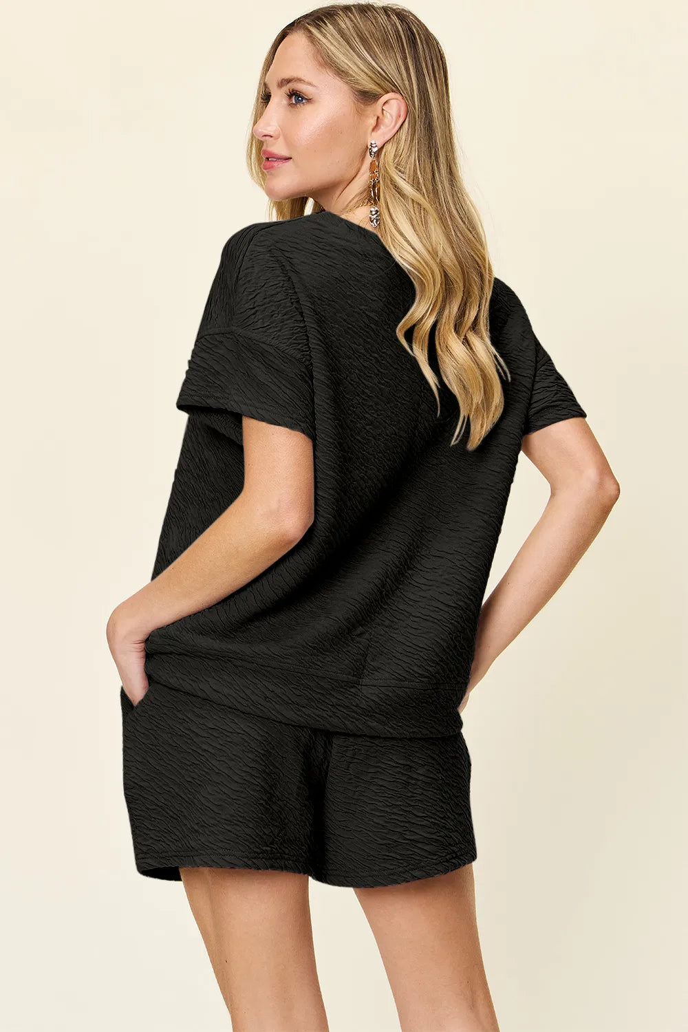 Double Take Full Size Texture Short Sleeve T-Shirt and Drawstring Shorts Set in black textured fabric by Belle Bijouix