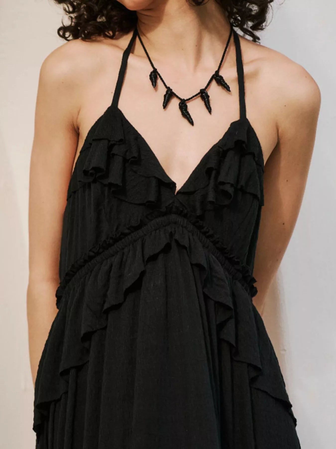 Ruffled Halter Neck Maxi Dress by Belle Bijouix, black with layered ruffles