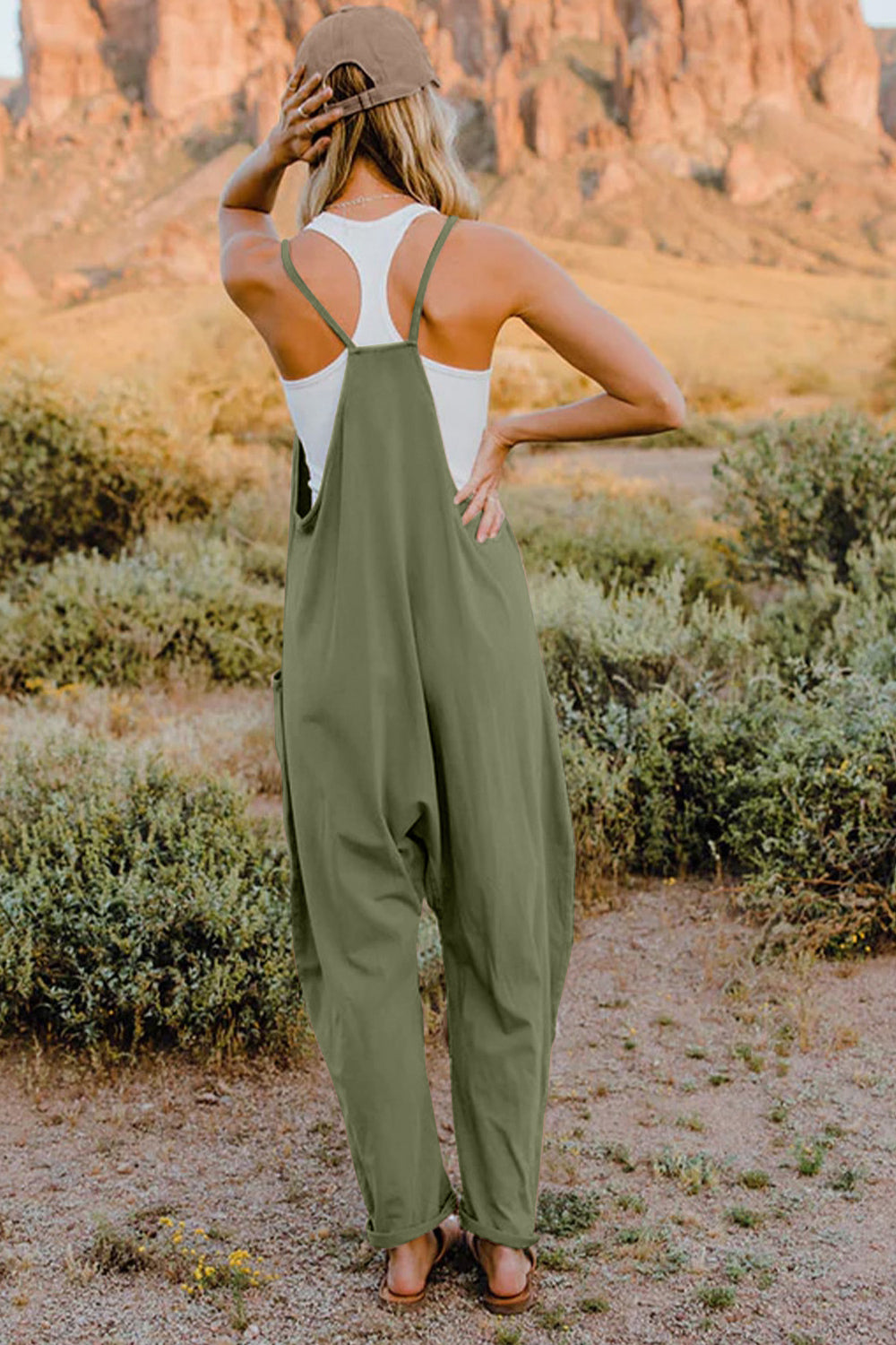 Double Take Full Size V-Neck Sleeveless Jumpsuit with Pockets in olive green