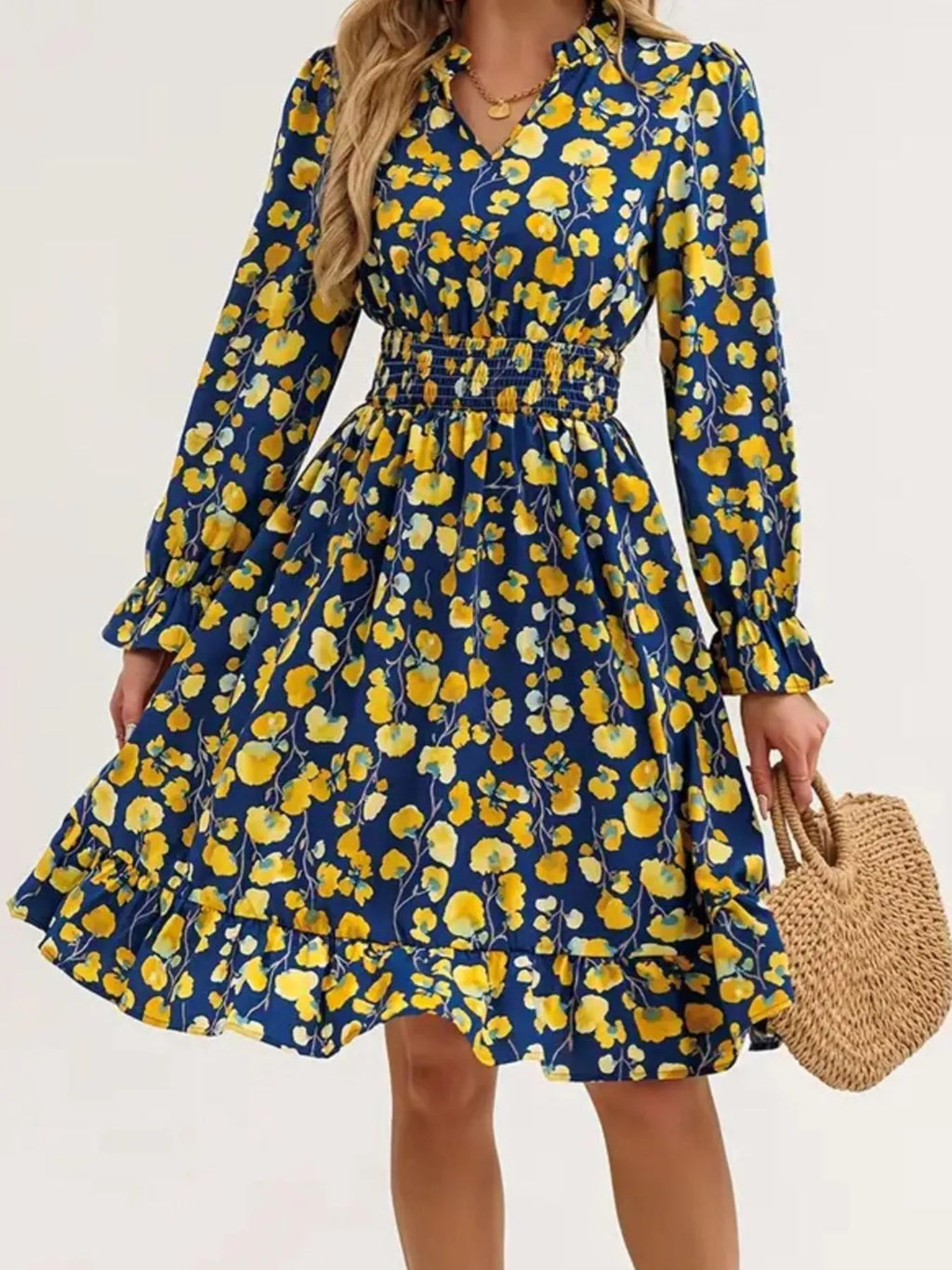 Floral Print Flounce Sleeve Ruffle Hem Dress, Belle Bijouix, navy with yellow flowers.