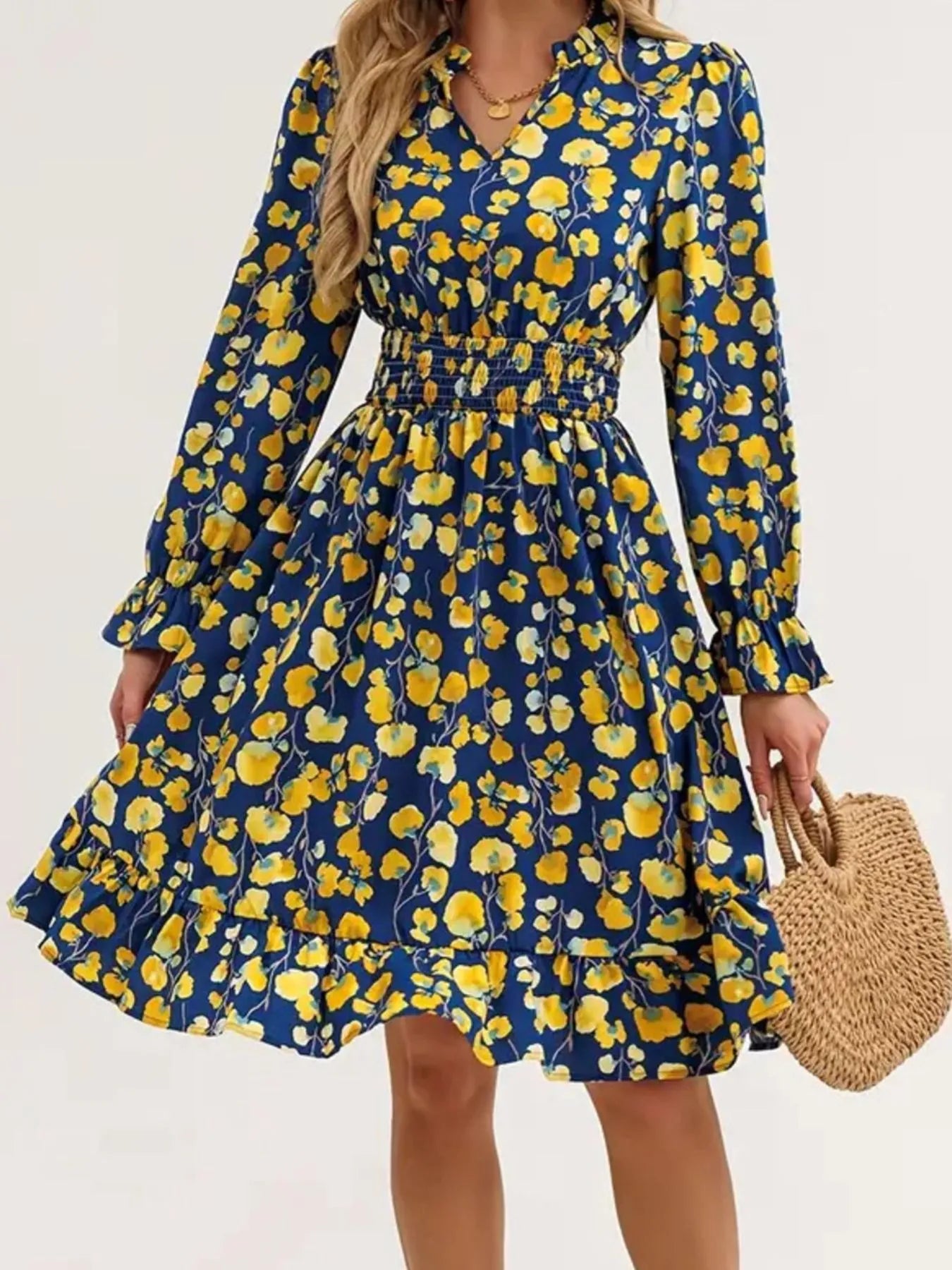 Floral Print Flounce Sleeve Ruffle Hem Dress, Belle Bijouix, navy with yellow flowers.