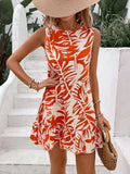 Ruffle Hem Sleeveless Mini Dress in orange and cream tropical leaf print