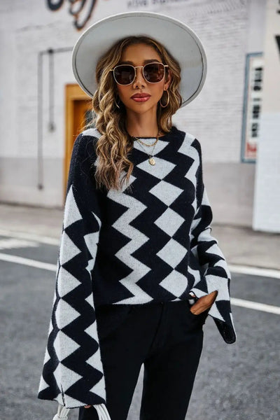Angel Wings Geometric Flare Sleeve Round Neck Sweater – Women's Artistic Statement Knitwear
