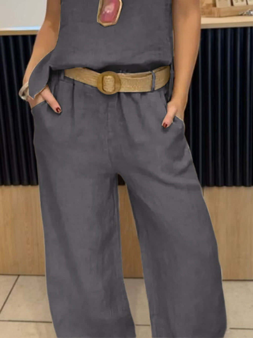 Trendsi two-piece gray round-neck tank and pants set, plus size
