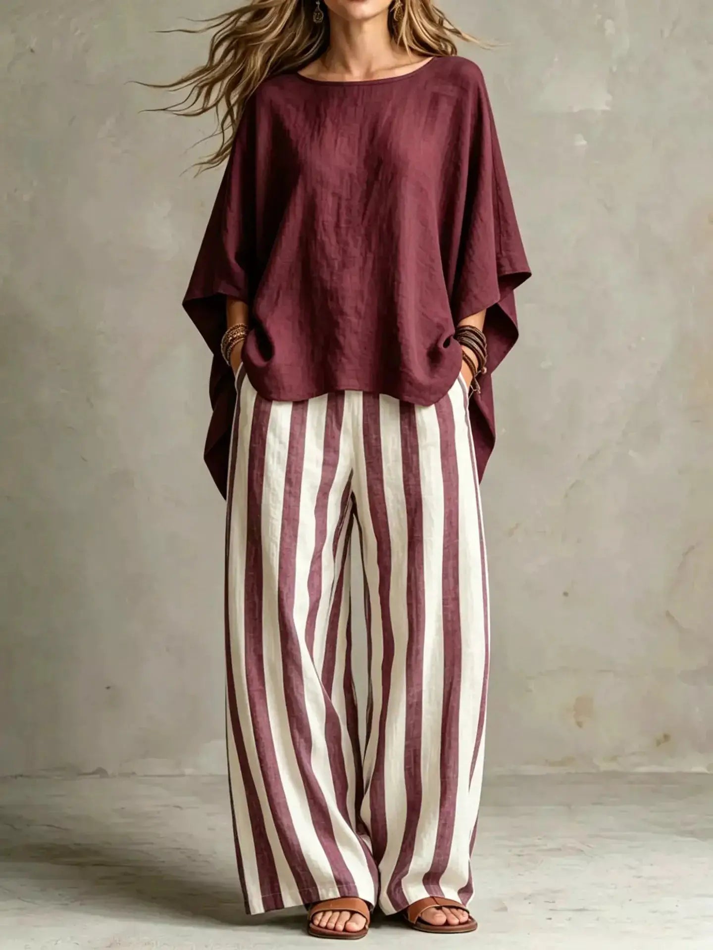 Outfit Set: 2-piece burgundy solid top with burgundy/cream striped wide-leg pants by Belle Bijouix, plus size.