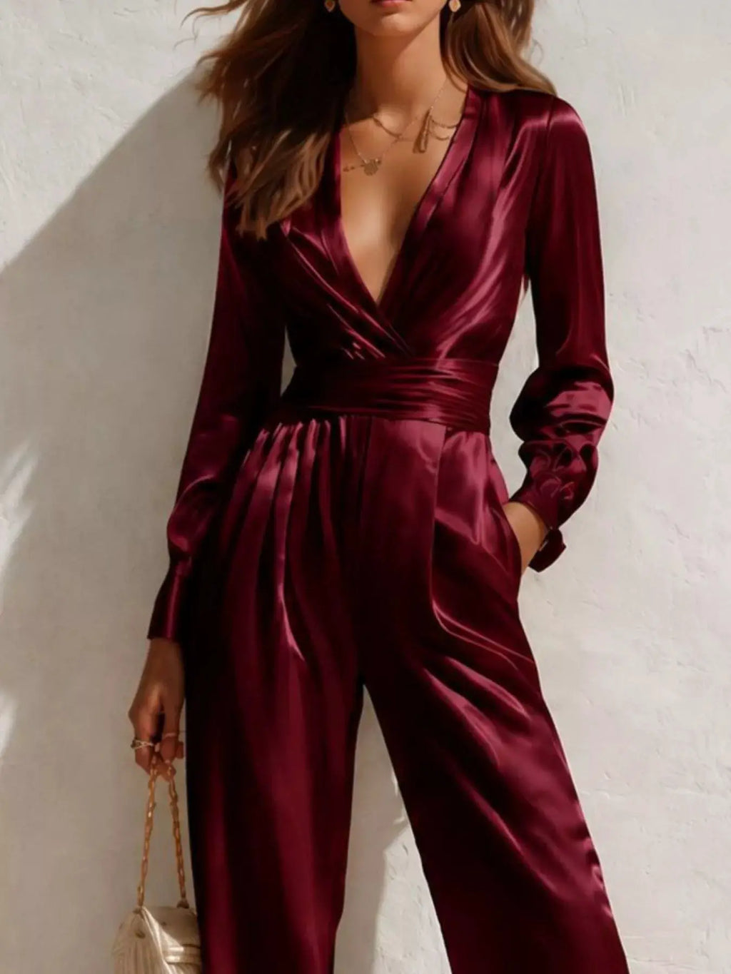 Satin long-sleeve wide-leg jumpsuit in burgundy with a deep V-neck and cinched waist.