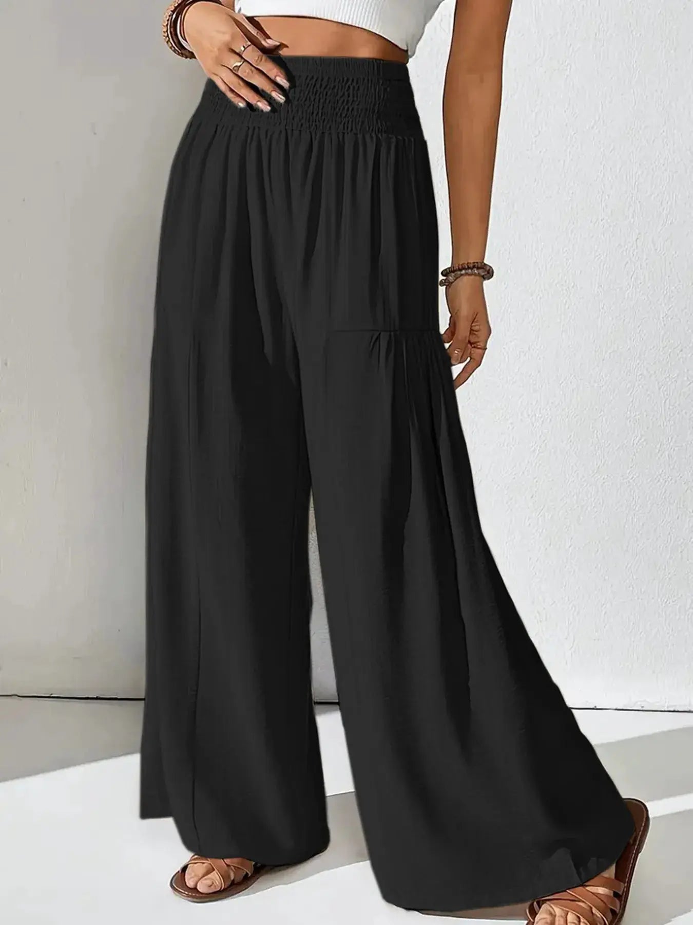 Smocked Waist Wide Leg Pants by Belle Bijouix, black trousers with pockets