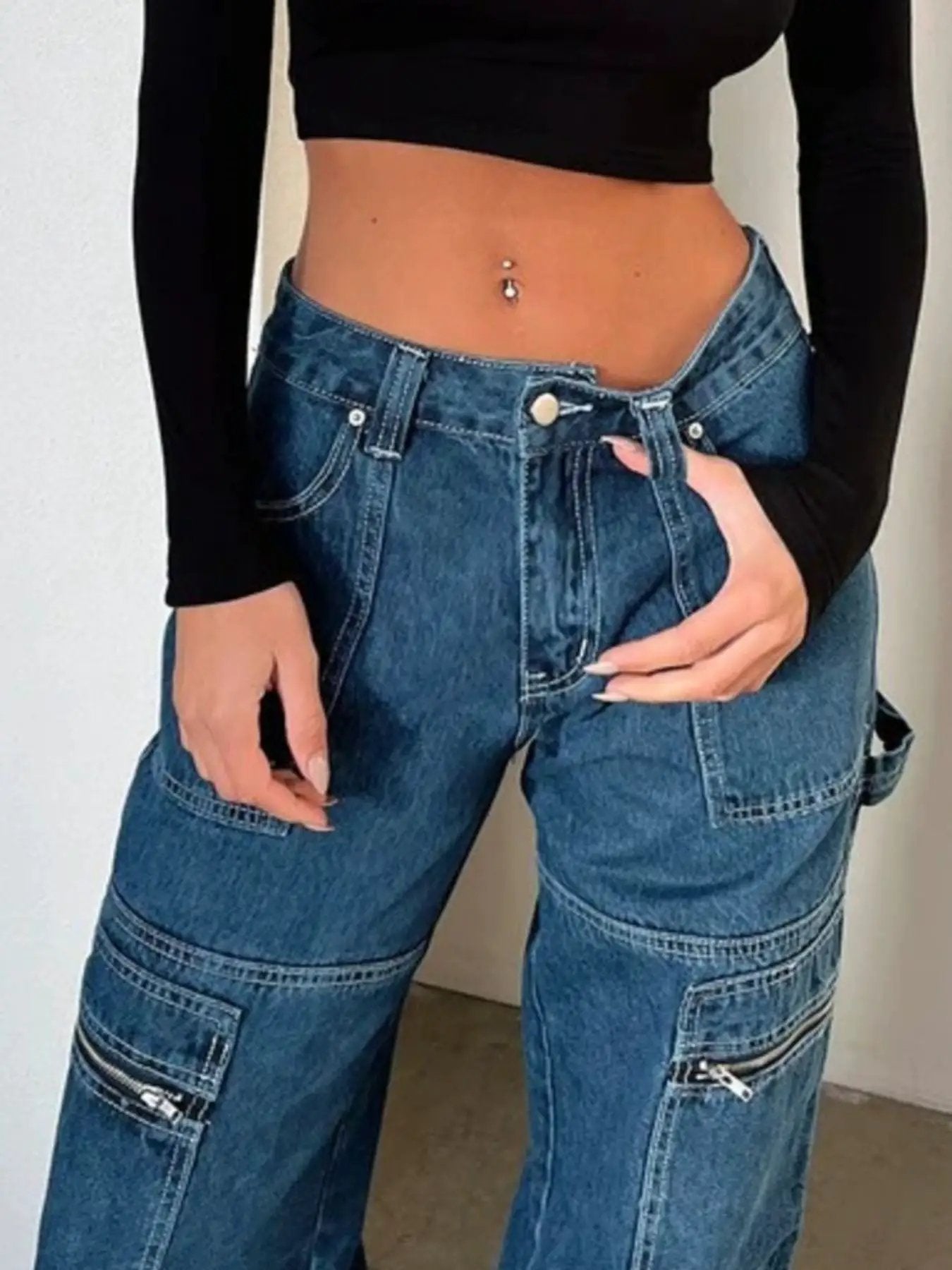Zipper Pocket Wide Leg Cargo Jeans by Belle Bijouix in blue denim