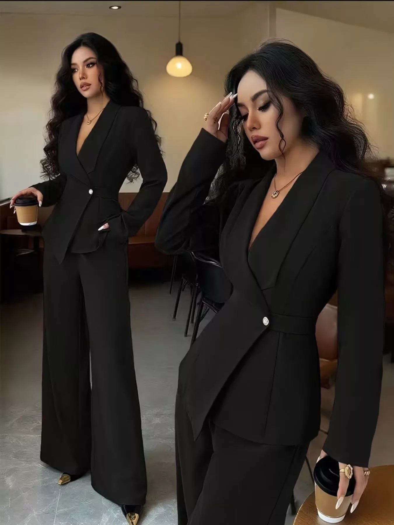 Belle Bijouix One Button Blazer and Pants Set, black tailored pant suit with pockets, two models