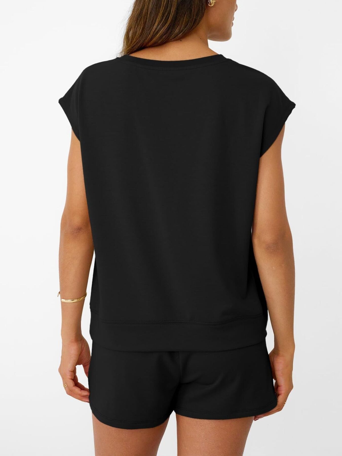 Round Neck Cap Sleeve Top and Shorts Set in black, two-piece loungewear