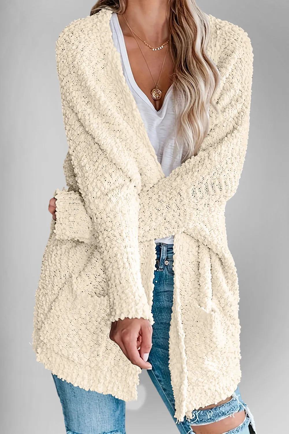 Double Take Pocketed Open Front Long Sleeve Cardigan, cream knit with pockets