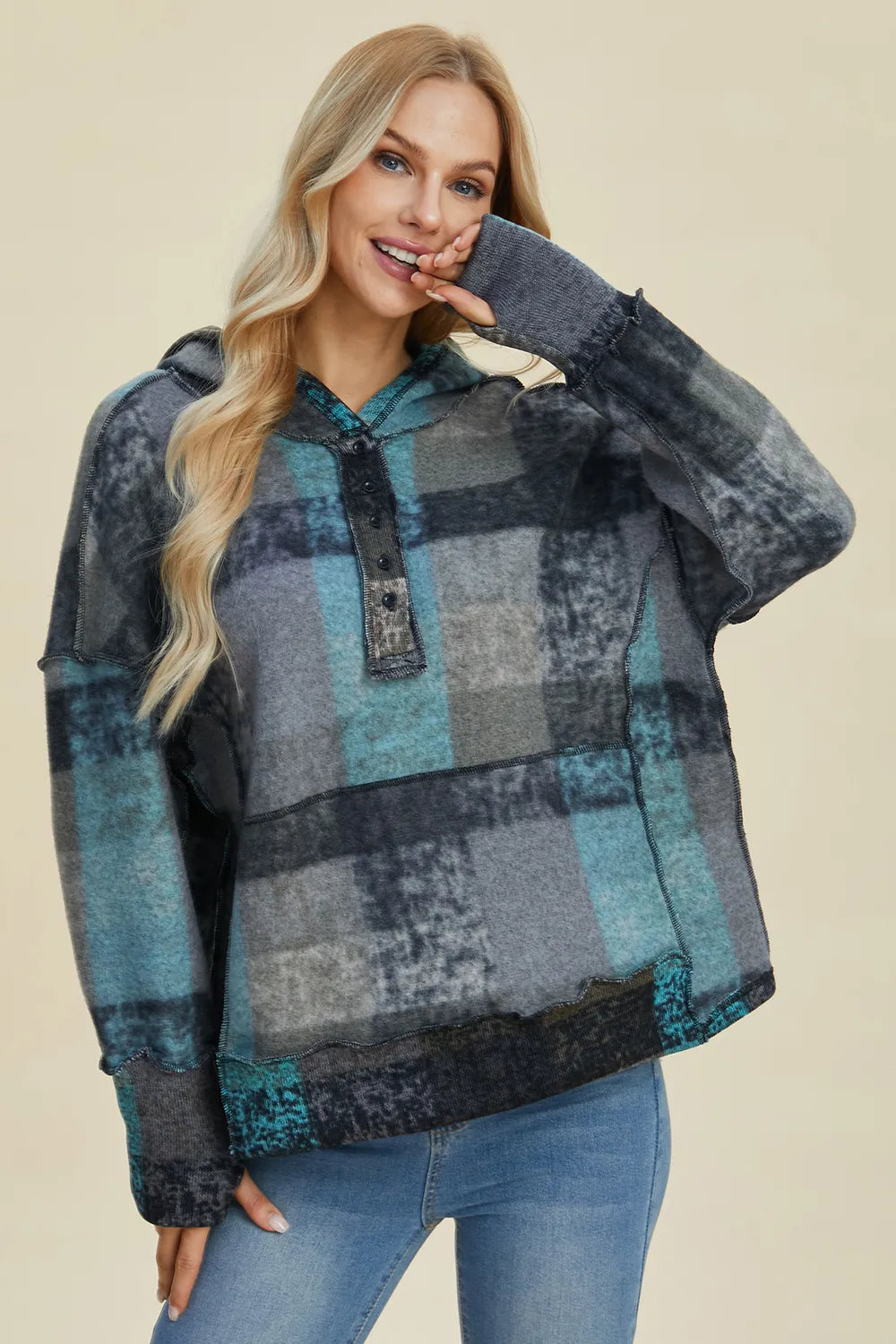 Double Take Full Size Plaid Dropped Shoulder Fleece Hoodie, teal and gray plaid